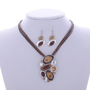 Colorful Enamel African Jewelry Sets For Women Gem Multi layers Leather Pendant Necklaces Earrings Sets