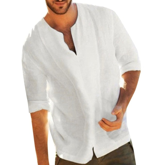 Feitong Feitong Men's Summer Blouses Baggy Beach Hawaiian Cotton Linen Solid Color 3/4 Sleeve V Neck White Shirts Tops 2019