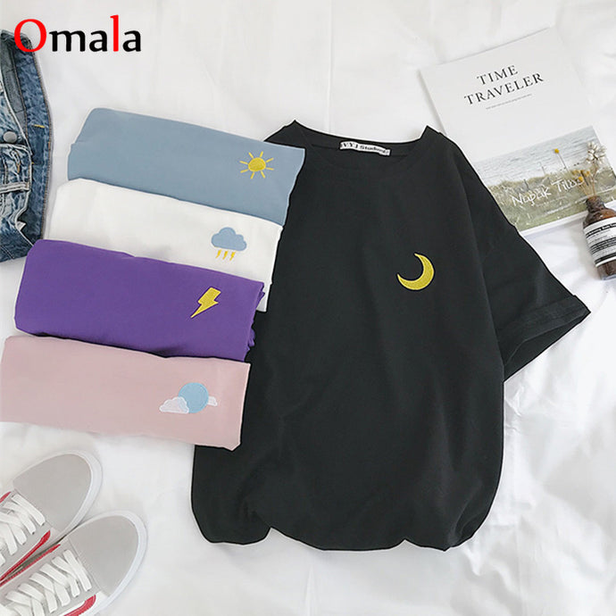 Embroidery Loose All-match t shirt summer Short Sleeve Simple T-shirts Women Kawaii Candy colors t shirt
