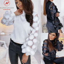 Load image into Gallery viewer, Women T-Shirts Dot Print Lace  See Through O-Neck Puff Sleeve Solid Color Slim Pullovers Top
