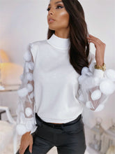 Load image into Gallery viewer, Women T-Shirts Dot Print Lace  See Through O-Neck Puff Sleeve Solid Color Slim Pullovers Top