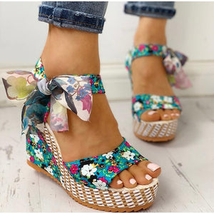 Women Summer Wedge Sandals Female Floral Bowknot Platform Bohemia High Heel Sandals Fashion Ankle Strap Open Toe Ladies Shoes