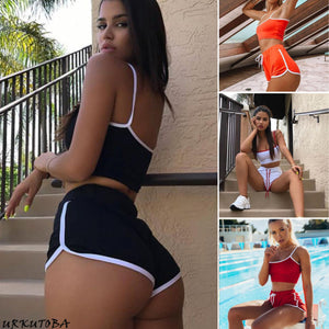 2PCS Women side Striped Gym Tracksuit Spaghetti Strap Vest Tops Elastic Short Pants Set Sport Gym Wear Suit Outfits