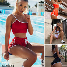 Load image into Gallery viewer, 2PCS Women side Striped Gym Tracksuit Spaghetti Strap Vest Tops Elastic Short Pants Set Sport Gym Wear Suit Outfits