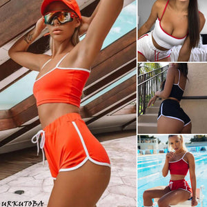 2PCS Women side Striped Gym Tracksuit Spaghetti Strap Vest Tops Elastic Short Pants Set Sport Gym Wear Suit Outfits