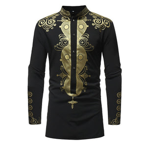 Men Dashiki Long Sleeve Mandarin Collar Dress Shirt  African Clothing Fashion