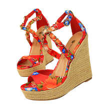 Load image into Gallery viewer, Women Summer 13cm High Heels Wedges Platform Silk Sandals Fetish Luxury Design Pumps Female Satin Strap Heels 2020 Summer Shoes