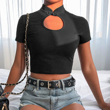 Load image into Gallery viewer, Dark System vintage Fashion Women Sexy Solid Turtleneck Short Sleeve Button Hollow Out Crop Top Tee shirt women camisetas mujer
