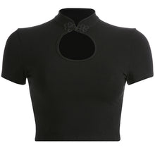 Load image into Gallery viewer, Dark System vintage Fashion Women Sexy Solid Turtleneck Short Sleeve Button Hollow Out Crop Top Tee shirt women camisetas mujer