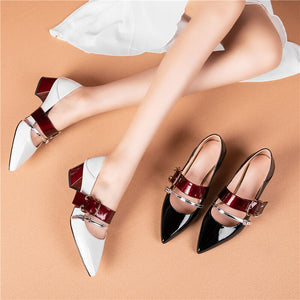 Women Square Heels Slip On Prom Pumps Point Toe Shoes Genuine Leather Classic Shoes