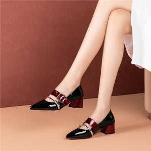 Women Square Heels Slip On Prom Pumps Point Toe Shoes Genuine Leather Classic Shoes