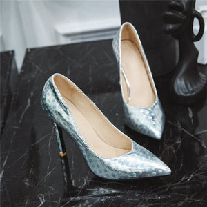 Women Pumps Embossing Pattern Wedding Casual 10.5cm Thin Heel Pointed Toe Shallow Shoes