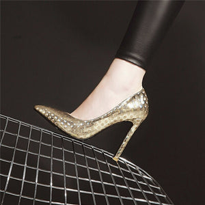 Women Pumps Embossing Pattern Wedding Casual 10.5cm Thin Heel Pointed Toe Shallow Shoes