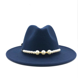 Wide Brim Autumn Female Fashion pearl Top hat wool Jazz Cap Winter Fedora Hat For men Wool Hat Fashion Chapeau Femme pink Hats