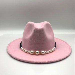 Wide Brim Autumn Female Fashion pearl Top hat wool Jazz Cap Winter Fedora Hat For men Wool Hat Fashion Chapeau Femme pink Hats