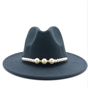 Wide Brim Autumn Female Fashion pearl Top hat wool Jazz Cap Winter Fedora Hat For men Wool Hat Fashion Chapeau Femme pink Hats