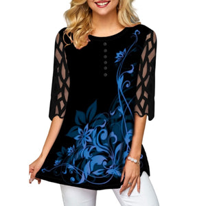 Women Print Tops New Spring Summer Organza Sleeved Tees Fashion Shirts Mesh Patchwork