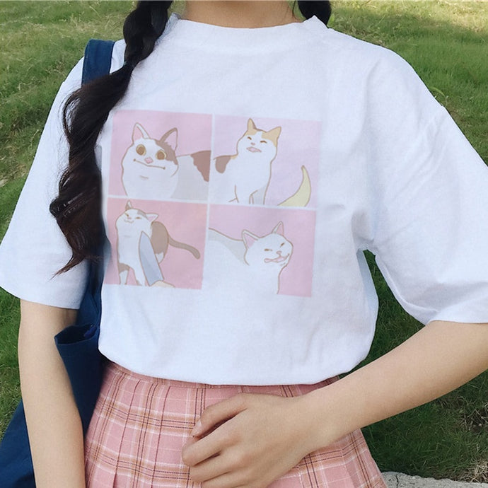 Ladies cartoon Short Sleeve cat Tee casual short tops