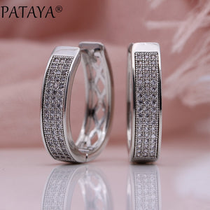 PATAYA New Hollow Big Circle Oval Earrings White Gold Women Fashion Wedding Unique Jewelry Round Natural Zircon Dangle Earrings