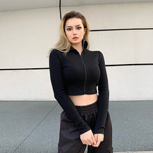 Load image into Gallery viewer, Women Turtleneck Middle Zipper Knitted Ribbed Elastic White Girl Long Sleeve Stretch Crop Tops