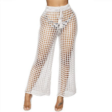 Load image into Gallery viewer, Flare Pants Solid Knitted Hollow Out Fishnet Wide Leg High Waist Lace Up Sashes Beach Wear