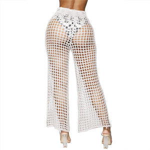 Flare Pants Solid Knitted Hollow Out Fishnet Wide Leg High Waist Lace Up Sashes Beach Wear