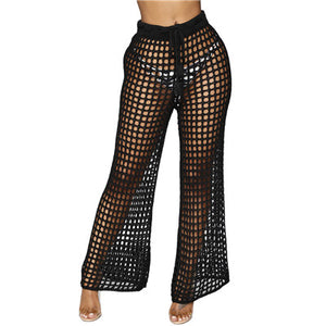 Flare Pants Solid Knitted Hollow Out Fishnet Wide Leg High Waist Lace Up Sashes Beach Wear