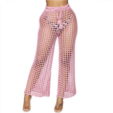 Load image into Gallery viewer, Flare Pants Solid Knitted Hollow Out Fishnet Wide Leg High Waist Lace Up Sashes Beach Wear