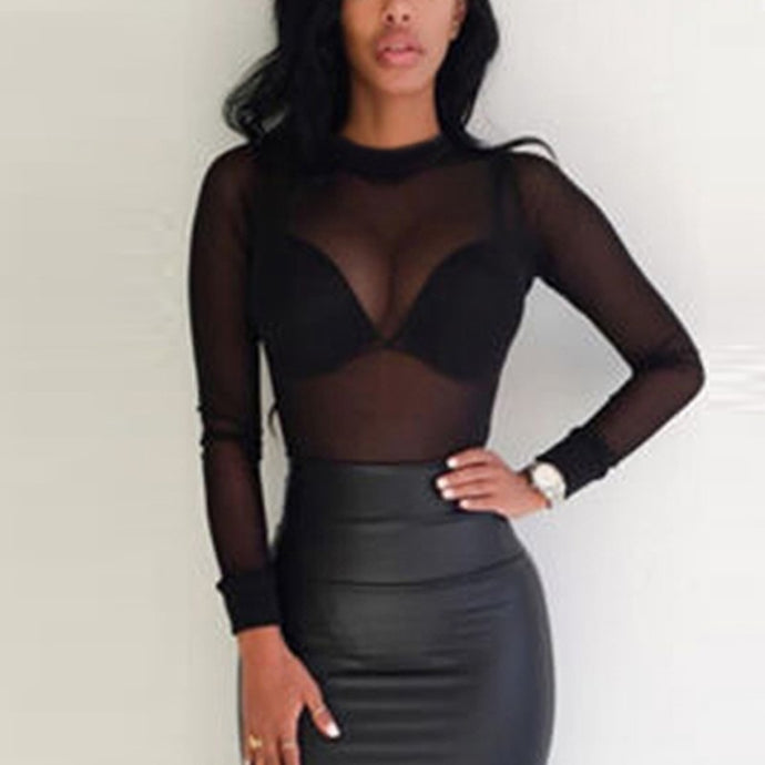 Women Transparent Mesh See Through Sheer Long Sleeve Turtleneck Blouse Top