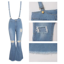 Load image into Gallery viewer, Tsuretobe Casual Flare Ripped Denim Jumpsuit Women Fashion Wide Leg Pant Romper Spaghetti Strap Overalls Pleated Vestidos Female