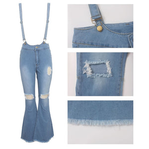 Tsuretobe Casual Flare Ripped Denim Jumpsuit Women Fashion Wide Leg Pant Romper Spaghetti Strap Overalls Pleated Vestidos Female