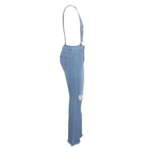 Tsuretobe Casual Flare Ripped Denim Jumpsuit Women Fashion Wide Leg Pant Romper Spaghetti Strap Overalls Pleated Vestidos Female