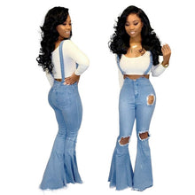 Load image into Gallery viewer, Tsuretobe Casual Flare Ripped Denim Jumpsuit Women Fashion Wide Leg Pant Romper Spaghetti Strap Overalls Pleated Vestidos Female