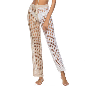 Knitted Hollow Out Pants See Through Crochet Straight Pant Hollow Out Fishnet Wide Leg Pants