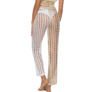 Knitted Hollow Out Pants See Through Crochet Straight Pant Hollow Out Fishnet Wide Leg Pants