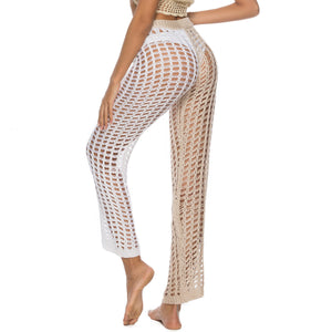 Knitted Hollow Out Pants See Through Crochet Straight Pant Hollow Out Fishnet Wide Leg Pants