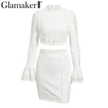 Load image into Gallery viewer, Glamaker Lace white bodycon mini dress Women two piece suit flare sleeve summer beach dress Elegant short sexy party club dress