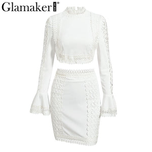 Glamaker Lace white bodycon mini dress Women two piece suit flare sleeve summer beach dress Elegant short sexy party club dress