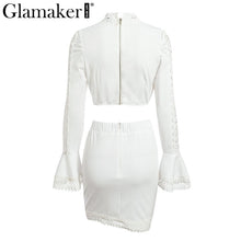 Load image into Gallery viewer, Glamaker Lace white bodycon mini dress Women two piece suit flare sleeve summer beach dress Elegant short sexy party club dress