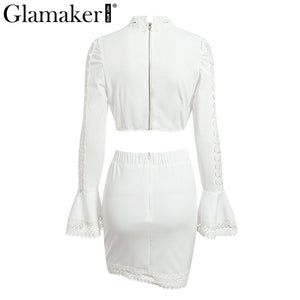 Glamaker Lace white bodycon mini dress Women two piece suit flare sleeve summer beach dress Elegant short sexy party club dress