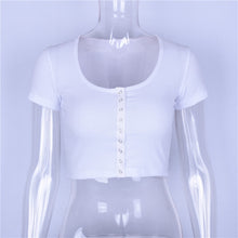 Load image into Gallery viewer, Short Sleeve Crop Top Button Vest Halter White Blouse Top