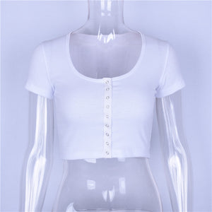 Short Sleeve Crop Top Button Vest Halter White Blouse Top