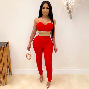 Spaghetti Strap Women Suit 2020 Summer Cami Top And High Waist Pants Two Pieces Set Crystal Diamond Bandage Ladies Casual Outfit