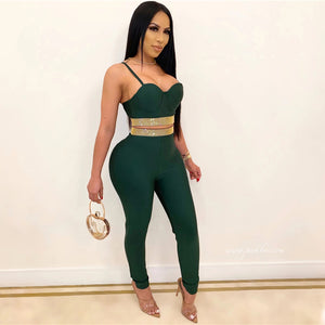 Spaghetti Strap Women Suit 2020 Summer Cami Top And High Waist Pants Two Pieces Set Crystal Diamond Bandage Ladies Casual Outfit