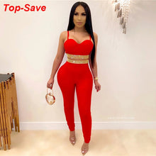 Load image into Gallery viewer, Spaghetti Strap Women Suit 2020 Summer Cami Top And High Waist Pants Two Pieces Set Crystal Diamond Bandage Ladies Casual Outfit