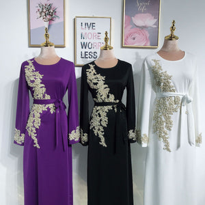 Dress beading Floral Printed Lace-up slim Maxi Abaya Dresses Kaftan Islam Costume Women