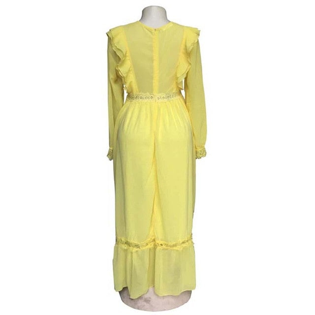 Ruffles Maxi Chiffon Dress Long Sleeve Lace Patchwork O-Neck Sundress