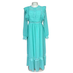 Ruffles Maxi Chiffon Dress Long Sleeve Lace Patchwork O-Neck Sundress