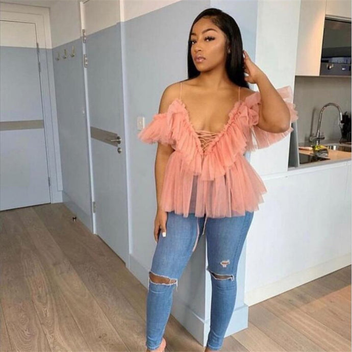 Sexy Mesh Top Women Solid Deep V-Neck Backless Shirt