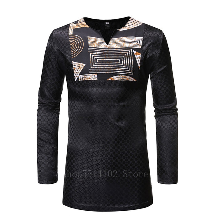 Men Dashiki Print Fashion V Neck Full Long Sleeve Shirt